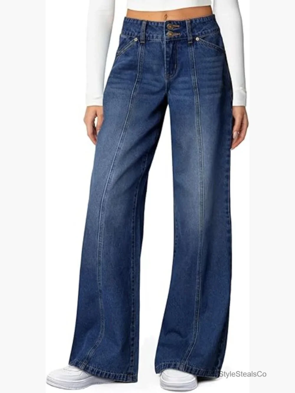 High Waisted Wide Leg Jeans Stretchy Straight Leg Denim Pants Seamed Front - Picture 1 of 7